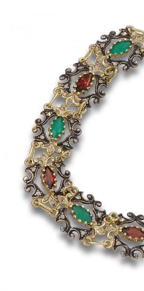 PULSERA, ESTILO ANTIGUO, DE PLATA, CRISOPRASAS Y GRANATES