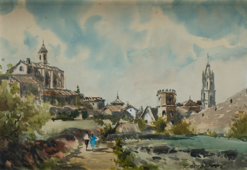 FELIPE BRUGUERAS PALLACH, "Paisaje con personajes", Acuarel