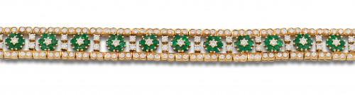PULSERA DE FLORES DE DIAMANTES Y ESMERALDAS, EN ORO AMARILL