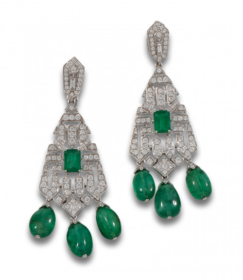 PENDIENTES LARGOS, ESTILO ART DÉCO, DE DIAMANTES, ESMERALDA