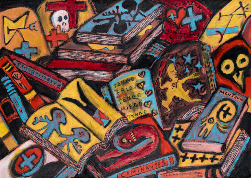 VÍCTOR MIRA, "Todos mis libros", Óleo sobre cartón pegado a