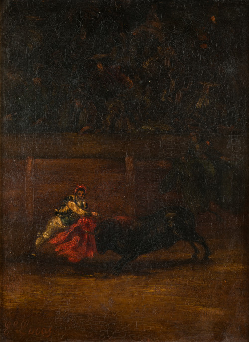 ESCUELA DE LUCAS , "Escena taurina", Óleo sobre hojalata
