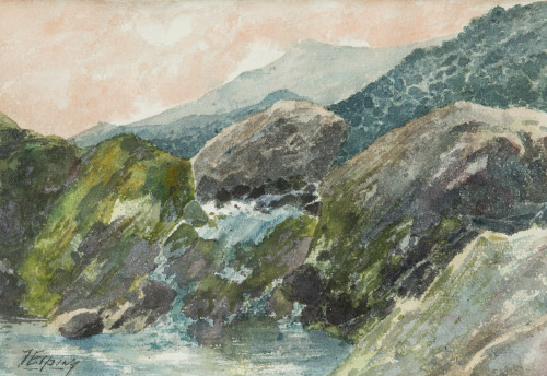 JUAN ESPINA Y CAPO, "Paisaje rocoso", Acuarela sobre papel.