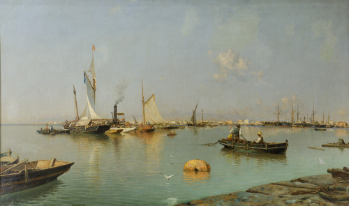 GUILLERMO GÓMEZ GIL, "Vista del puerto de Málaga", 1896, Ól