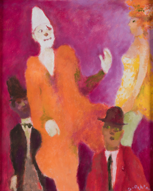 LUIS GARCÍA OCHOA, "Payaso con tres figuras", Óleo sobre ta