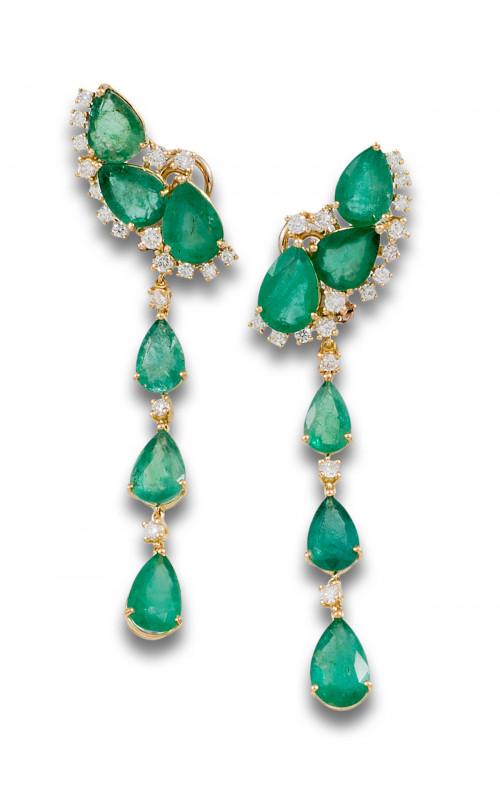 PENDIENTES LARGOS DE ESMERALDAS ORIGEN ZAMBIA, DIAMANTES Y 