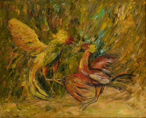 JULIÁN QUIRANTE RUIZ, "Pelea de gallos", Óleo sobre lienzo