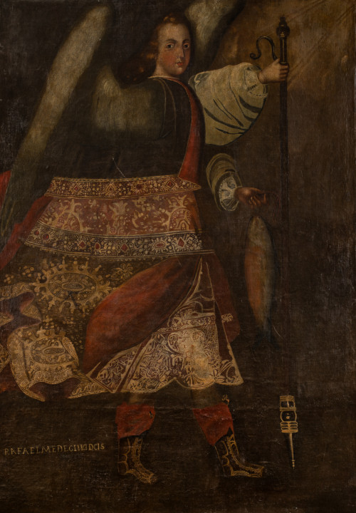 ESCUELA CUZQUEÑA , "Arcángel San Rafael", Óleo sobre lienzo
