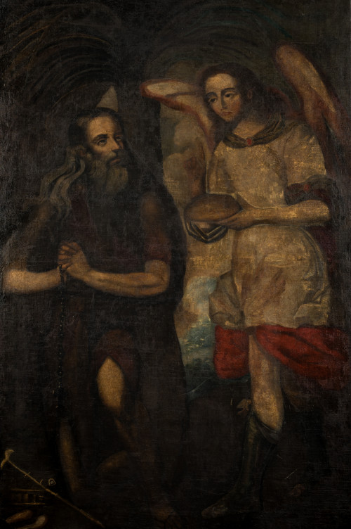 ESCUELA ESPAÑOLA O VIRREINAL , "San Onofre", Óleo sobre lie