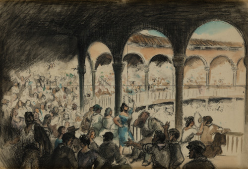 ANTONIO CASERO, "En los palcos", Lápiz graso y acuarela sob