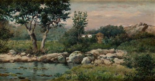 JOSÉ FRANCO CORDERO, "Paisaje con lago y casa", Óleo sobre