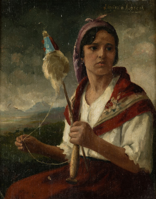 JULIÁN IBÁÑEZ DE ALDECOA, "Hilandera", Óleo sobre lienzo pe