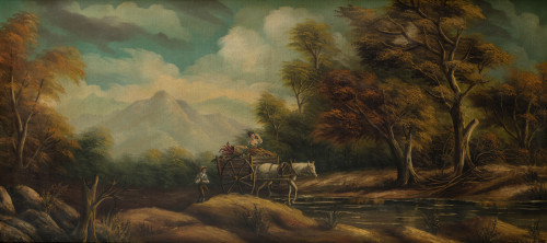 ESCUELA ESPAÑOLA, "Paisaje con campesinos", Óleo sobre lie