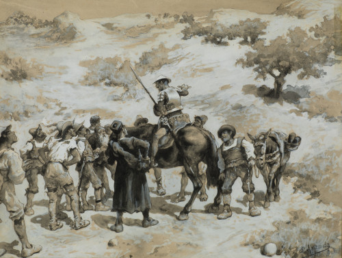 JOSÉ JIMÉNEZ ARANDA, "Escena del Quijote", Gouache y tintas