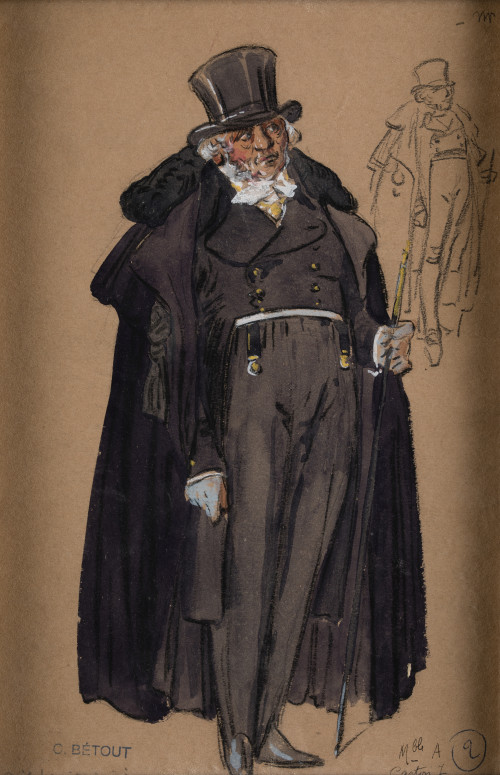 CHARLES BÉTOUT, "Caballero. Figurín de teatro", Lápiz, acua