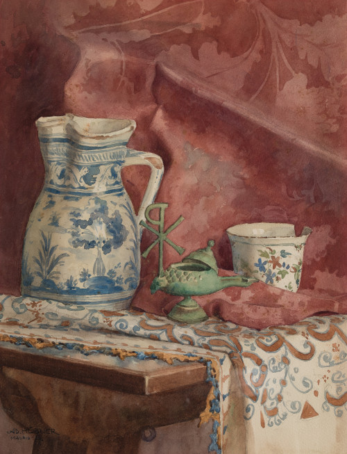 ADOLF HÜBNER, "Bodegón con cerámicas españolas", 1900, Acua