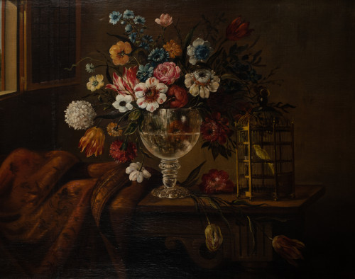 ANÓNIMO, "Bodegón con jarrón de flores, jaula y pájaro", Ól
