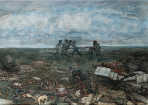 MANUEL ALCORLO BARRERA, "Niños jugando", 1971, Técnica mixt