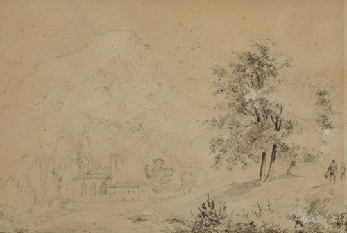 ESCUELA FRANCESA, "Pareja de paisajes", Lápiz y aguada sobr