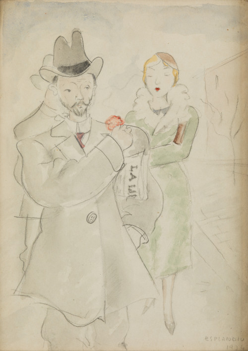 JUAN  ESPLANDIU, "Pareja", 1934, Acuarela y grafito sobre p