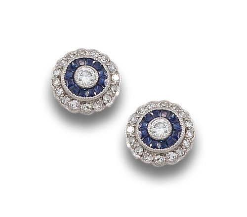 HALO EARRINGS WITH DIAMONDS AND SAPPHIRES, IN PLATINUM
