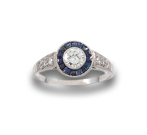 HALO RING WITH DIAMONDS AND SAPPHIRES, IN PLATINUM