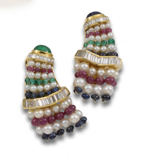 PENDIENTES AÑOS 80 EN ORO, DIAMANTES, PERLAS, RUBÍES, ESMER