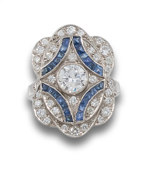 SORTIJA LANZADERA, ESTILO ART DÉCO, DE DIAMANTES, ZAFIROS,