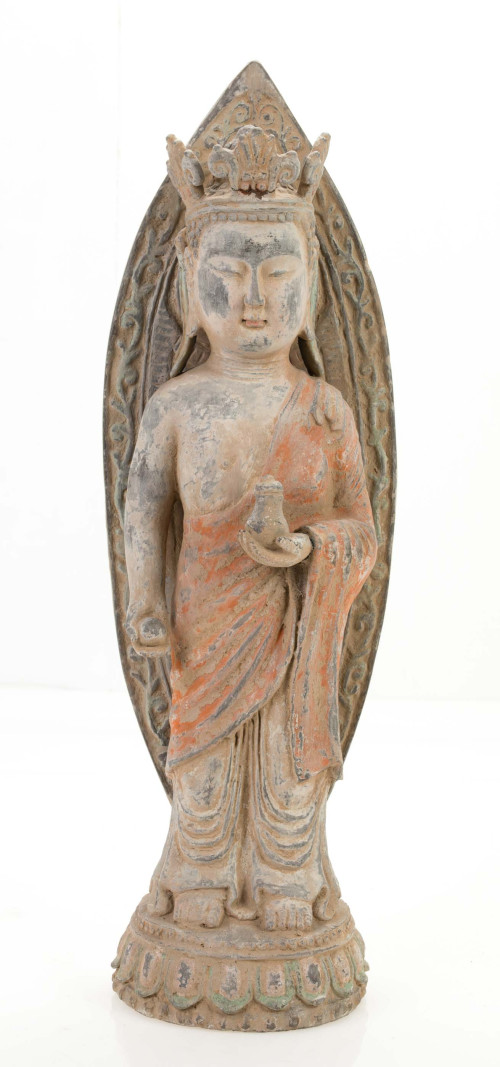 Polychrome stone Hindu Buddha sculpture following ancient m