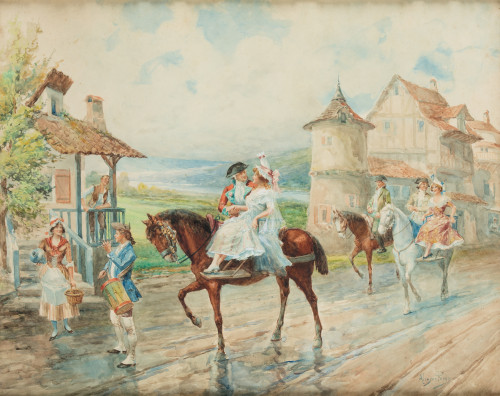 MARIANO ALONSO  PÉREZ VILLAGRASA, "Paseo a caballo", Acuare