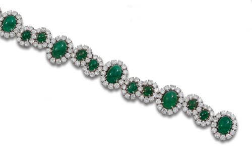 WHITE GOLD BRACELET WITH EMERALD AND DIAMONDS CABOCHONS