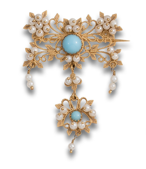 AGULLA DE PIT EN ORO, TURQUESAS Y PERLAS