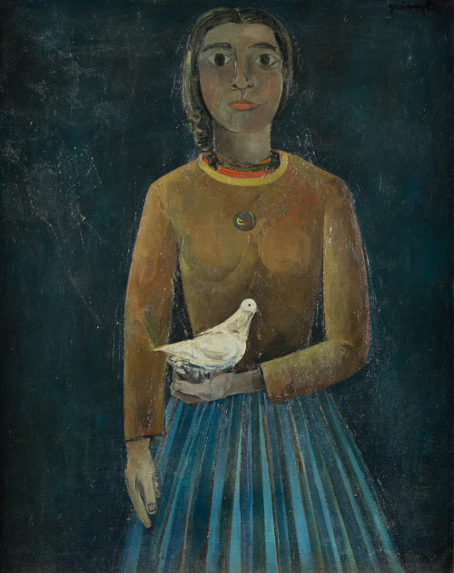JOSEP  GUINOVART, "Niña y paloma", 1958, Óleo sobre lienzo