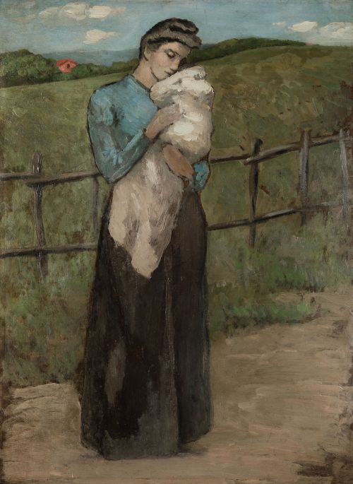 JULIO GONZALEZ, "Femme et bebe avec petite maisonaternidad 