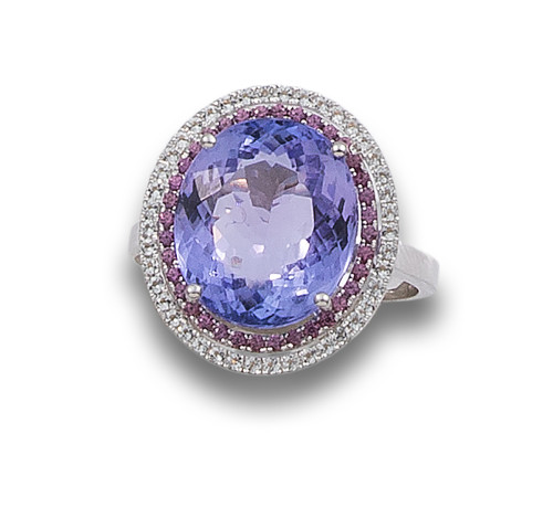 SORTIJA ROSETÓN DE TANZANITA, ZAFIROS ROSAS Y TOPACIOS INCO