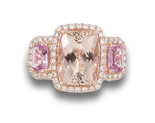 SORTIJA DE MORGANITA, ZAFIROS ROSAS Y DIAMANTES, EN ORO ROS