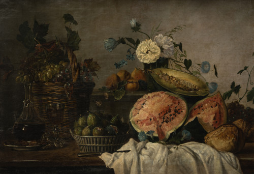 GENNARO GUGLIELMI, "Bodegón de mesa con flores y frutas", 1