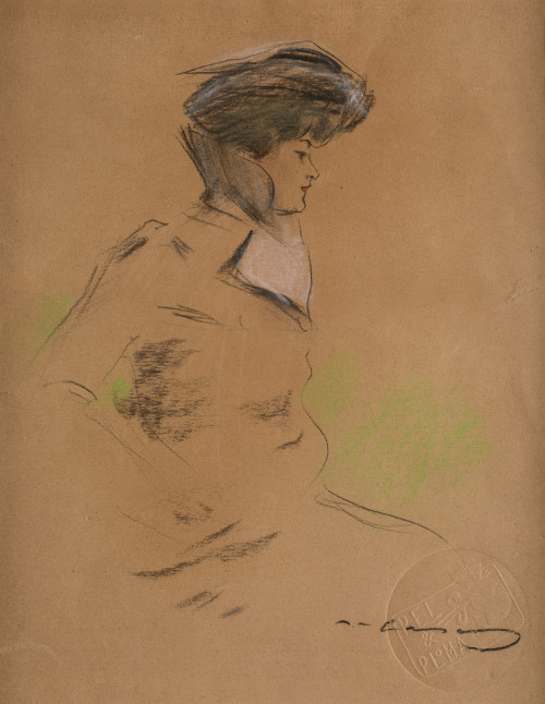 RAMÓN  CASAS Y CARBO, "Mujer de perfil", Carboncillo y past