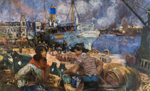 ANDRÉS LARRAGA MONTANER, "Puerto de Barcelona", Óleo sobre 