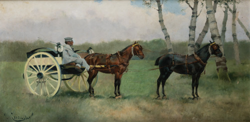 JOSÉ CUSACHS Y CUSACHS, "Carruaje y caballos", Óleo sobre l