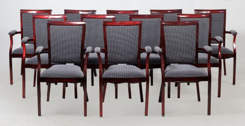 Seating composed of 12 lacquered metal armchairs, 20th cent
