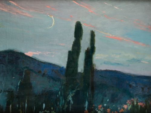 JOAQUÍN MIR TRINXET, "Paisaje al atardecer", 1923, Óleo sob