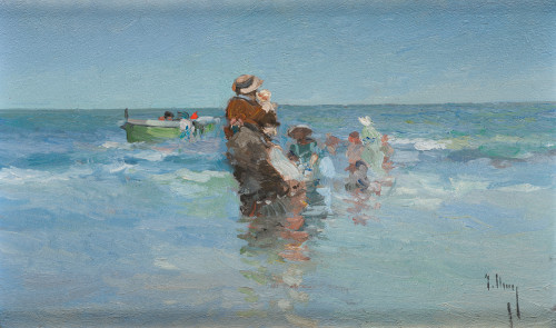 JOSÉ LUIS CHECA, "Escena de playa", Óleo sobre tabla