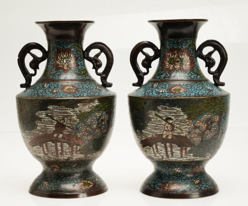 Pair of vases with cloissonE enamel handles, Japan, 20th ce