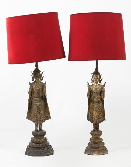 Pair of table lamps made from two figures of Burmese Buddha