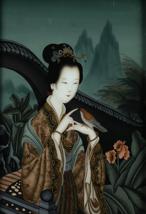 ESCUELA CHINA, “Pareja Geishas en paisajes”, Pareja de ól