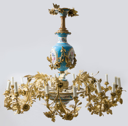 Porcelain and gilt bronze ceiling lamp, France, 19th centur