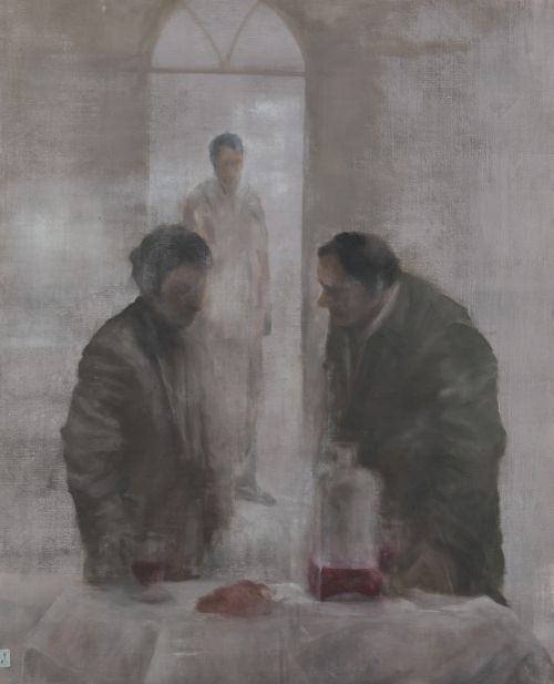 GUILLERMO DELGADO, "Conversando", 1960, Óleo sobre lienzo