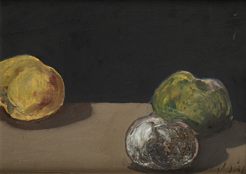 JOSE DIAZ, "Bodegón con tres frutas", Óleo sobre lienzo