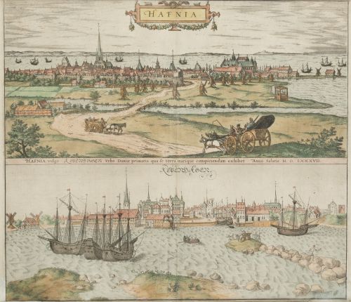 FRANS HOGENBERG, "Copenhague", Grabado al cobre coloreado